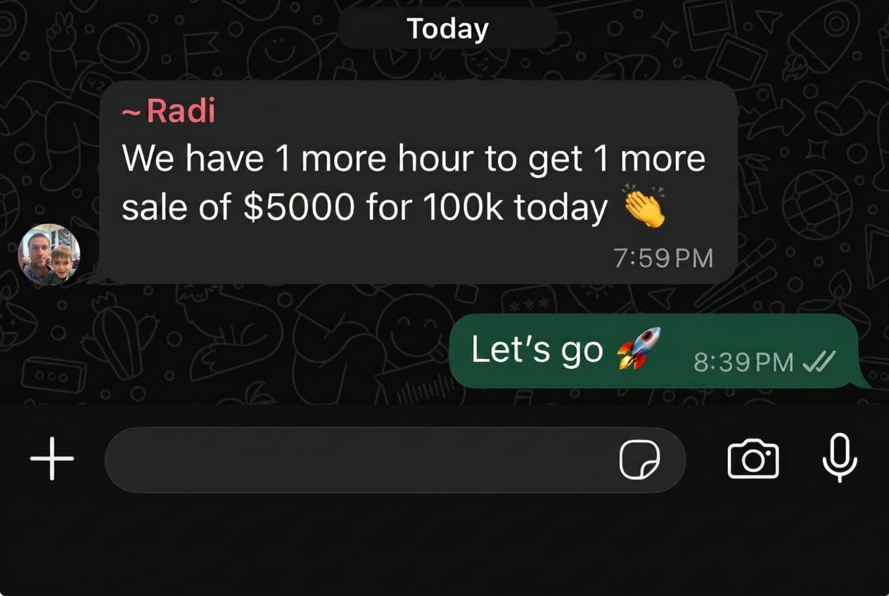 Client WhatsApp message: we have 1 more hour to get 1 more sale of $5000 for 100k today